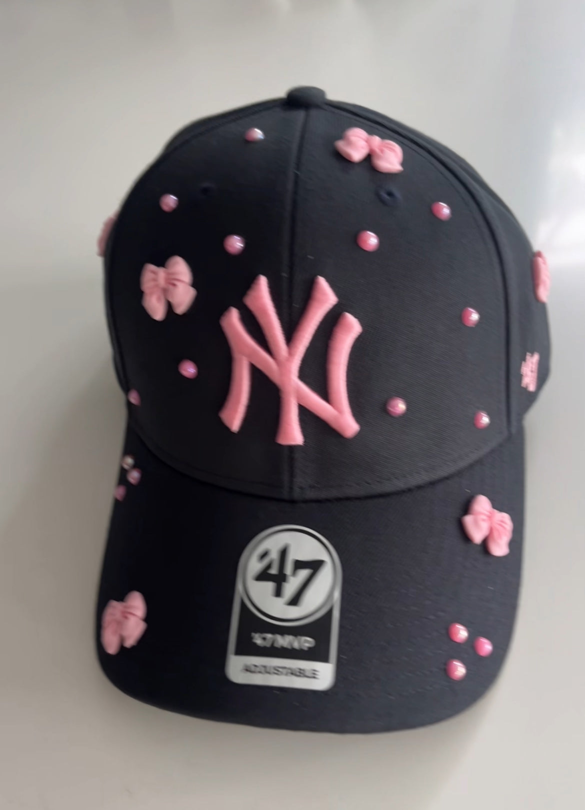 Navy pink bow pearled New York Yankees Cap
