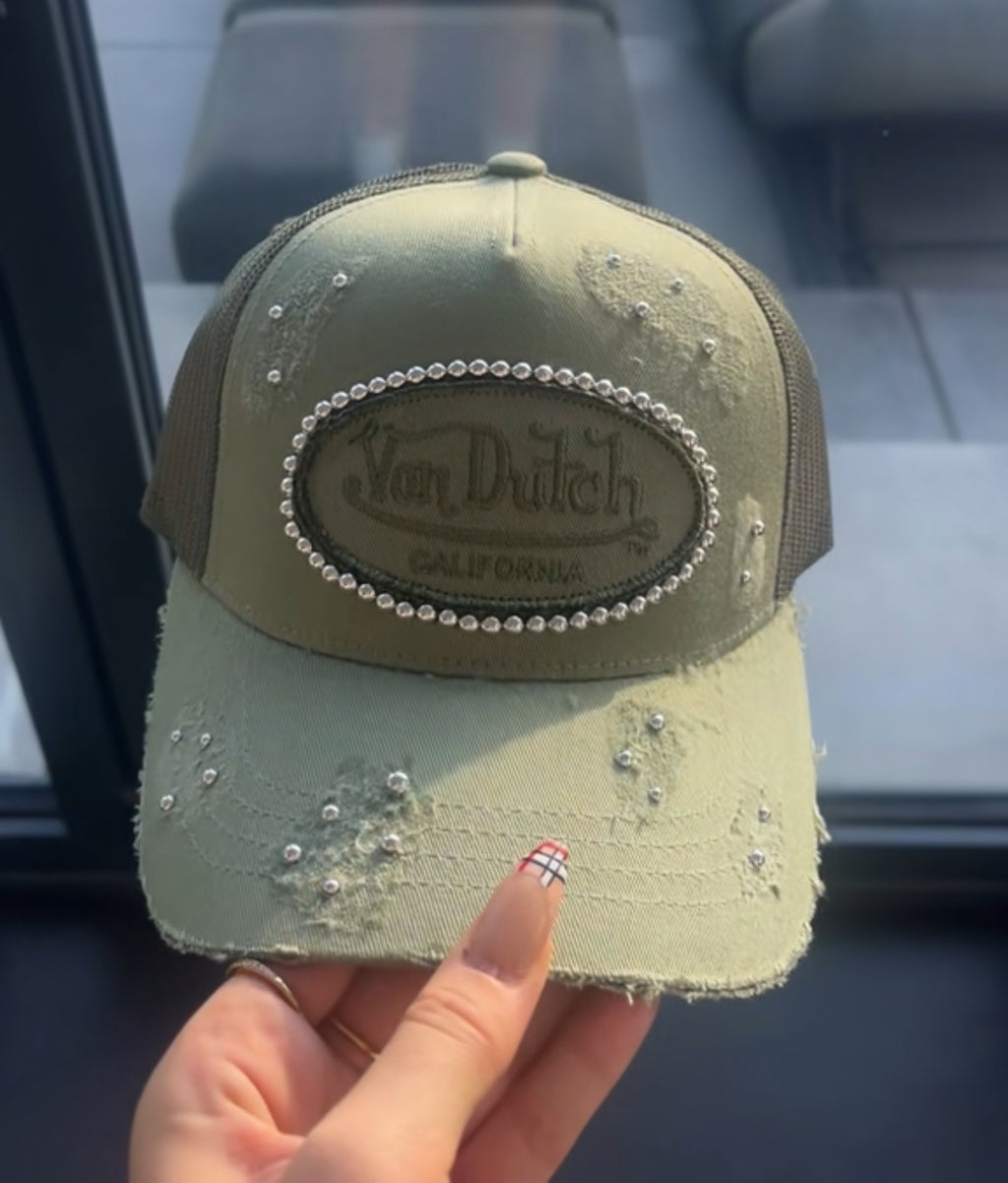 Reworked Khaki Von dutch distressed Silver  pearled cap