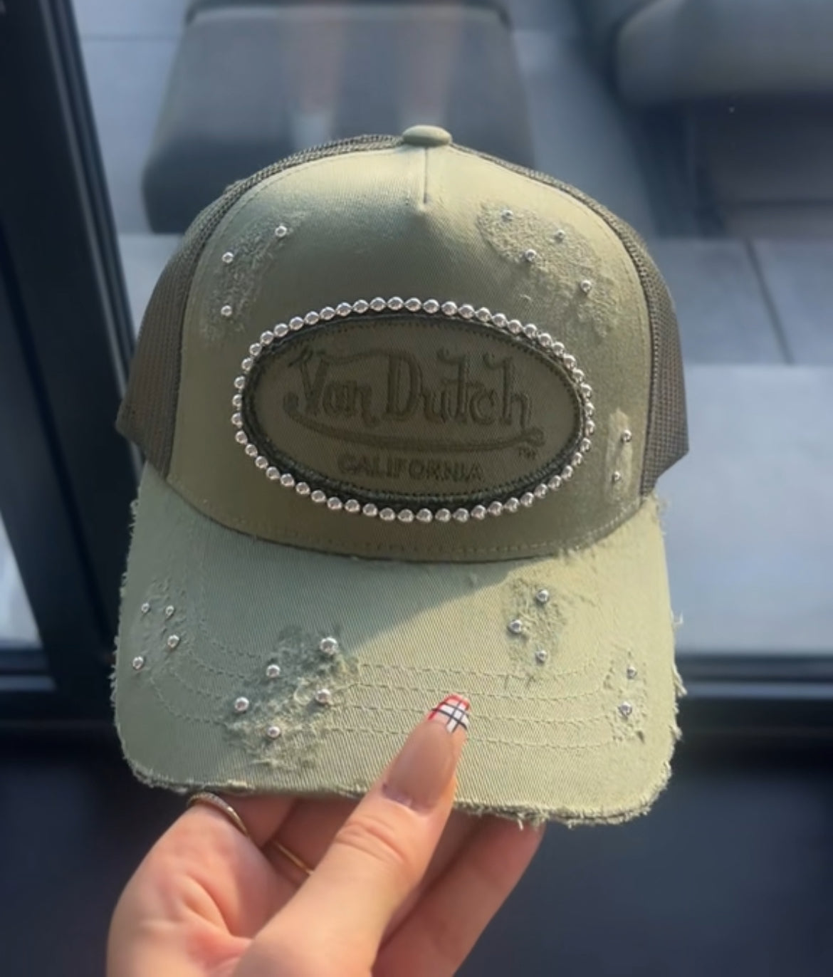 Reworked Khaki Von dutch distressed Silver  pearled cap