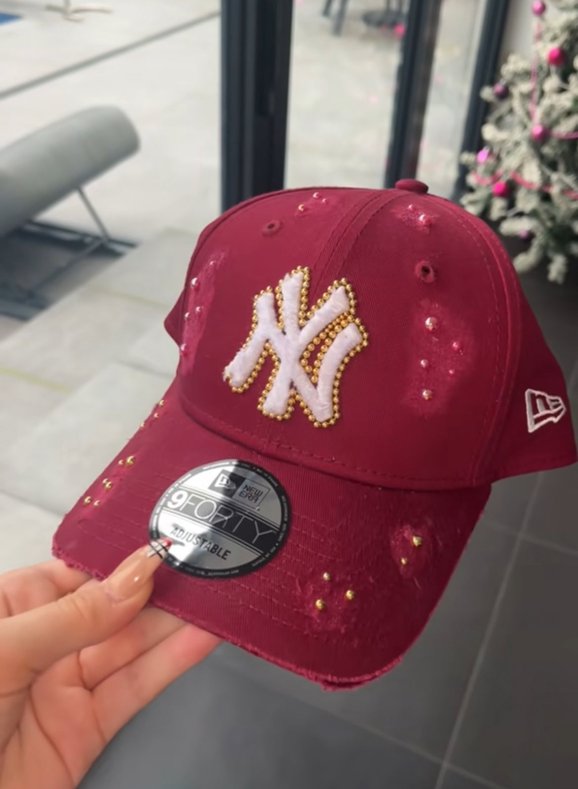 Reworked Burgundy distressed pearled NY Yankees Cap