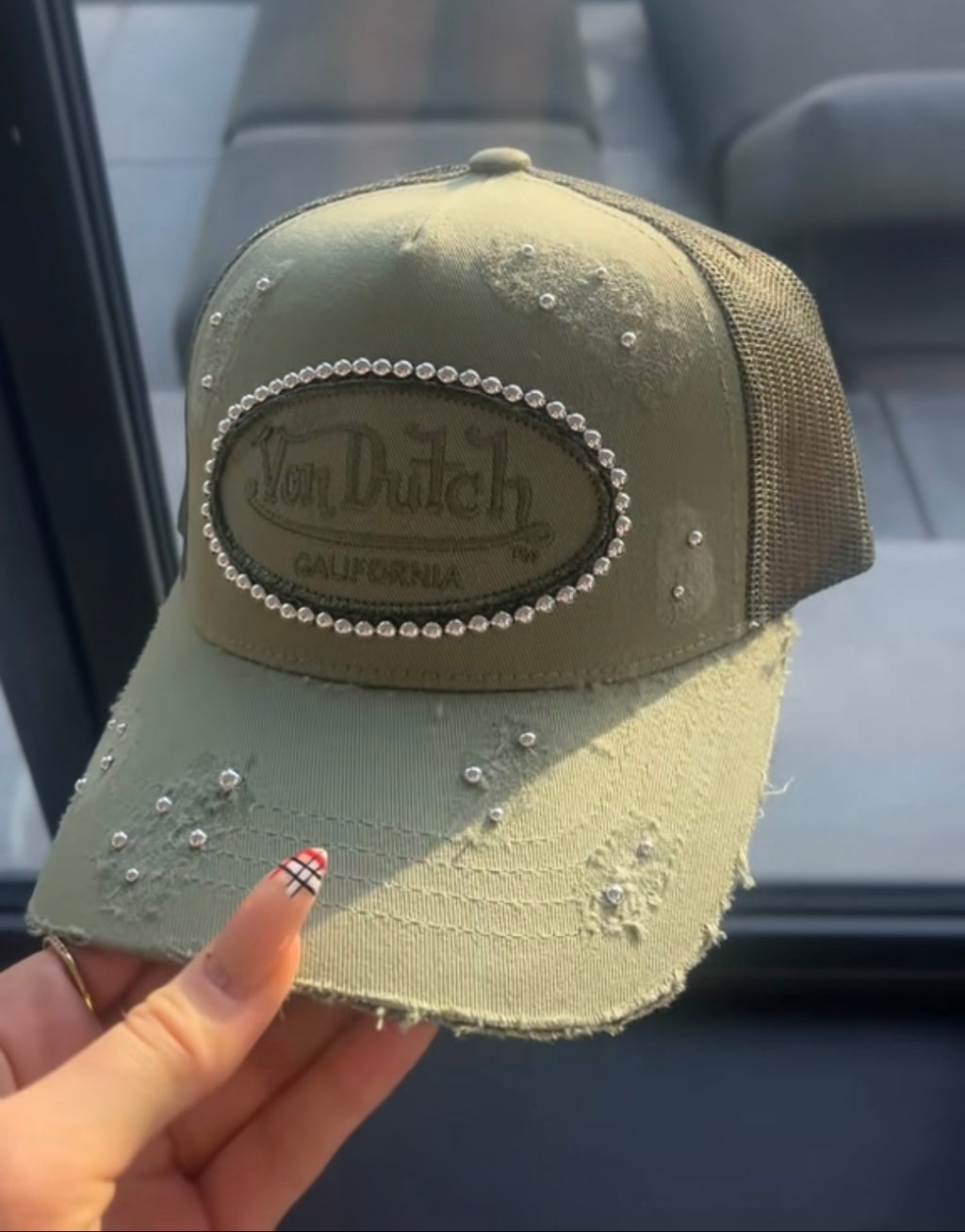 Reworked Khaki Von dutch distressed Silver  pearled cap
