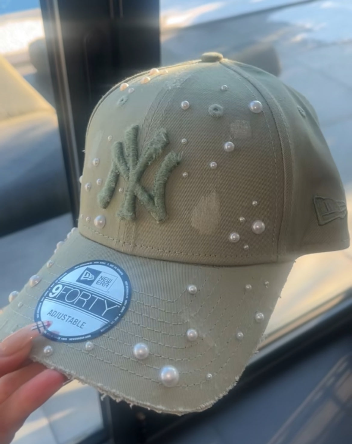 Reworked Khaki pearled NY Yankees Cap