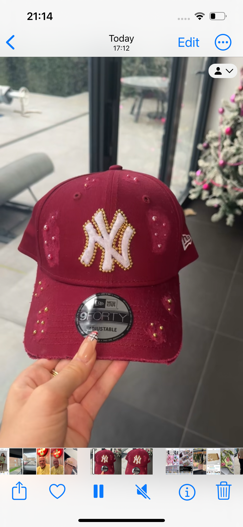 Reworked Burgundy distressed pearled NY Yankees Cap