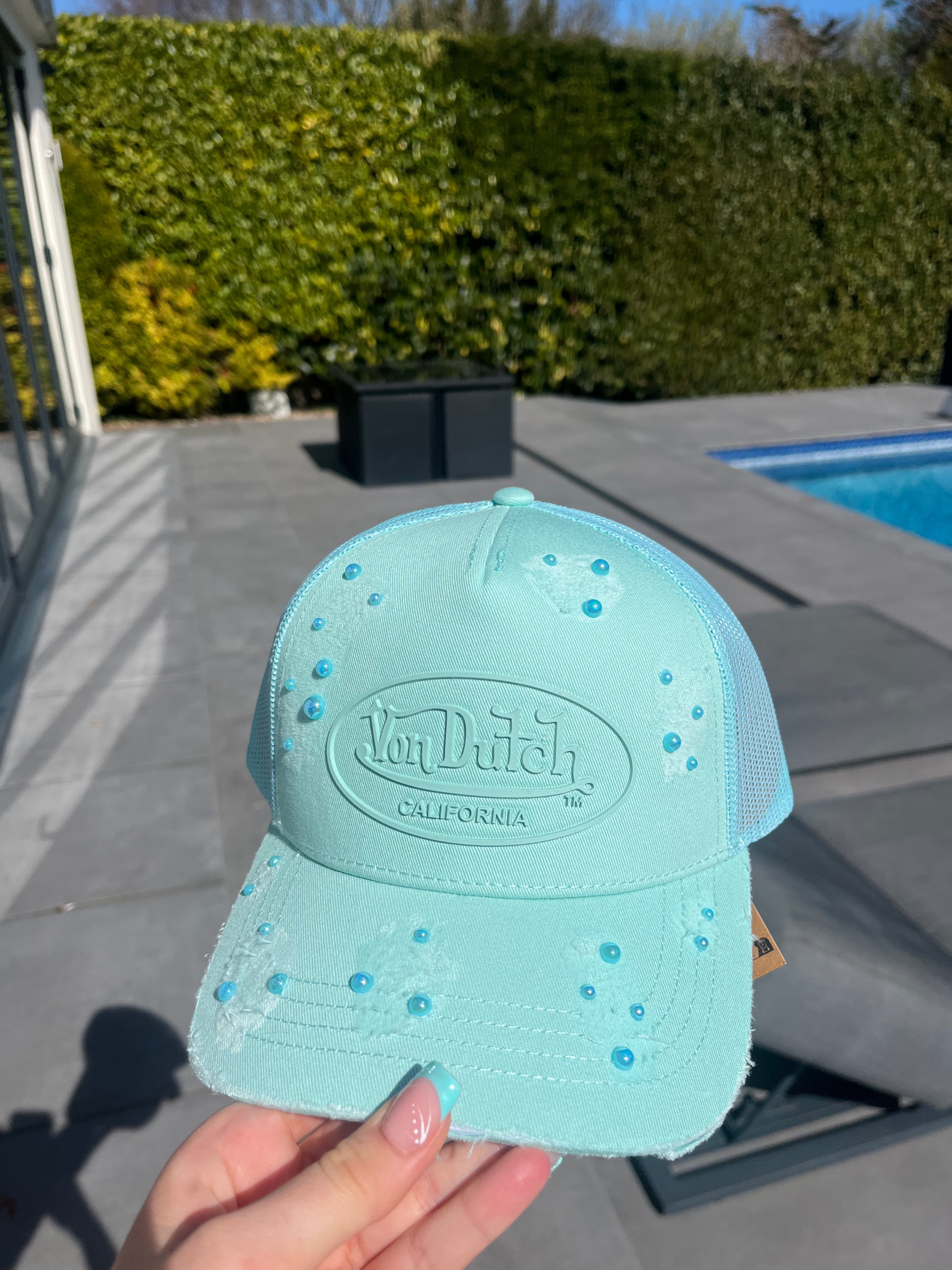 Reworked aqua Von dutch distressed & blue pearled cap