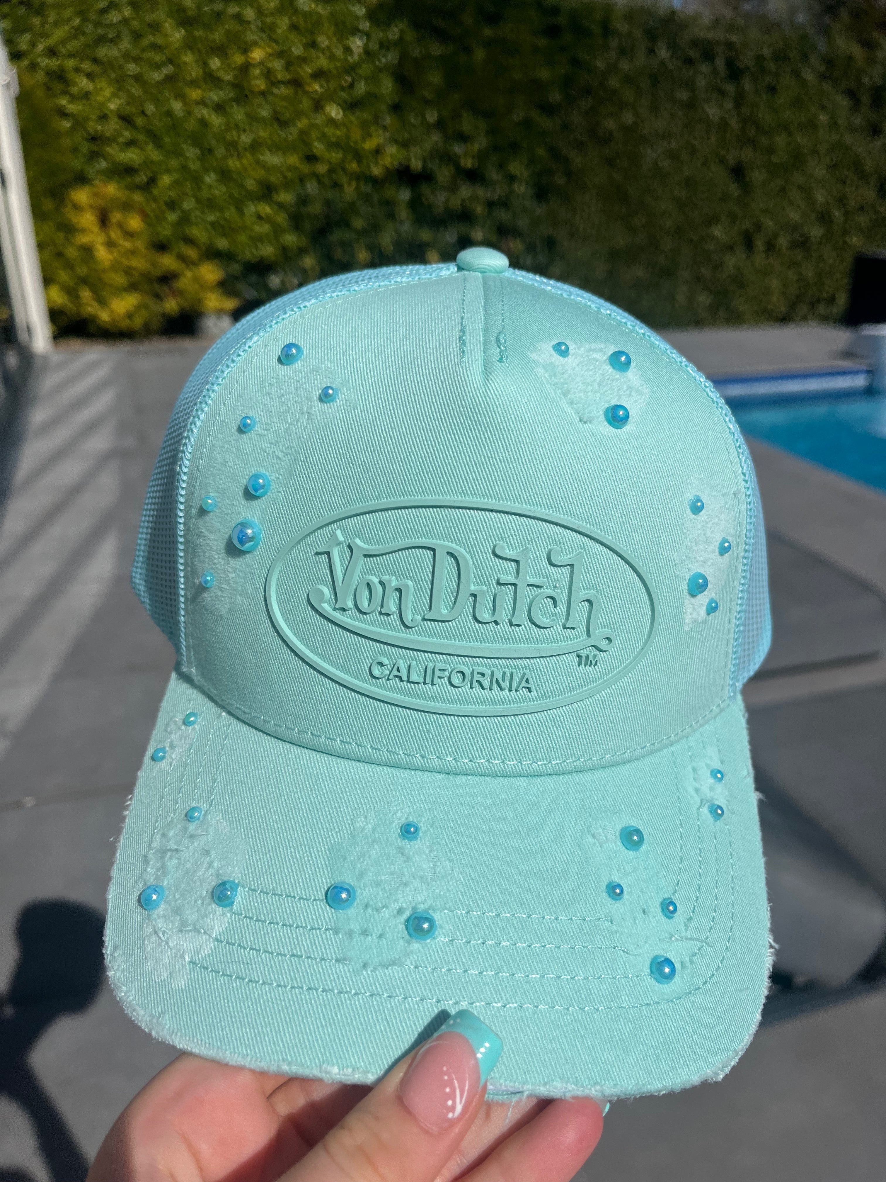 Reworked aqua Von dutch distressed & blue pearled cap