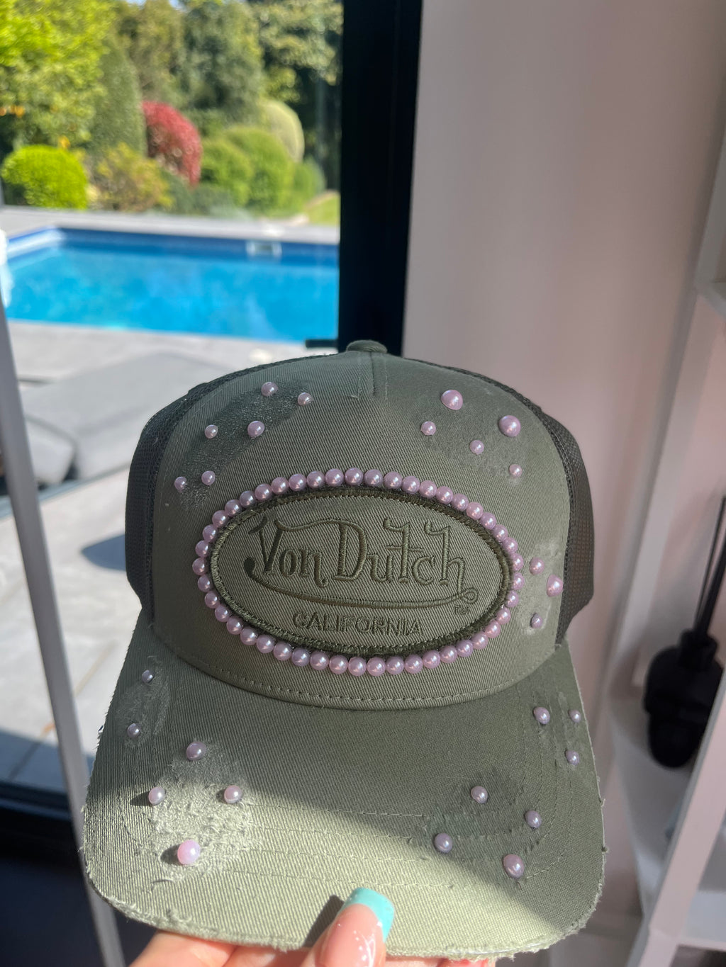 Reworked Khaki Von dutch distressed & pink pearled cap