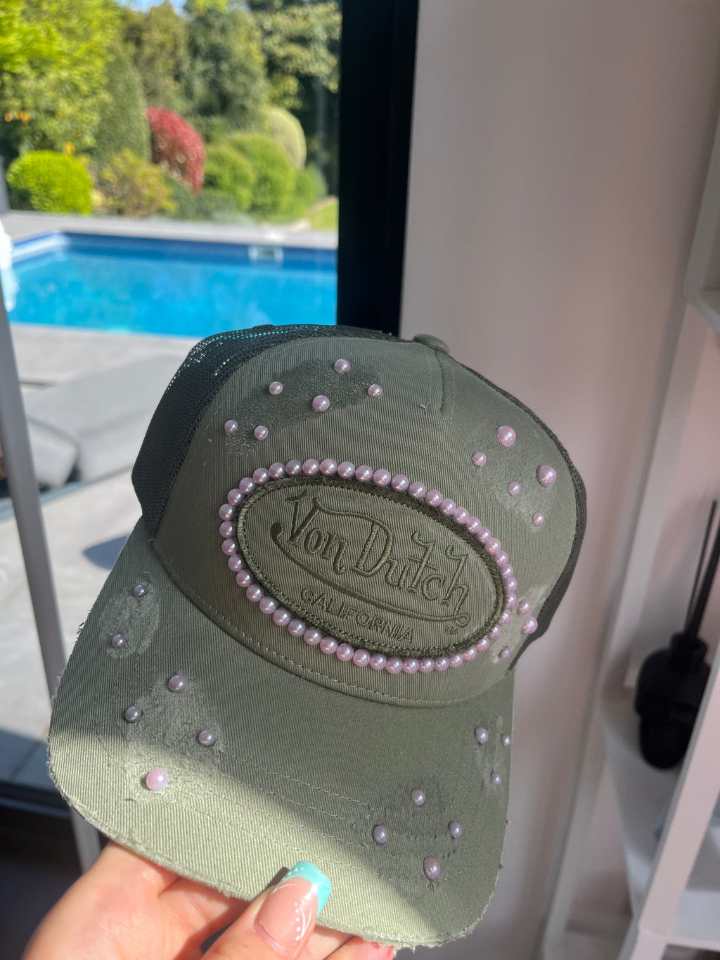 Reworked Khaki Von dutch distressed & pink pearled cap