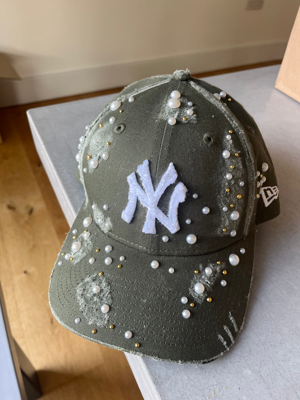 Reworked distressed khaki NY Yankees cap (Copy)