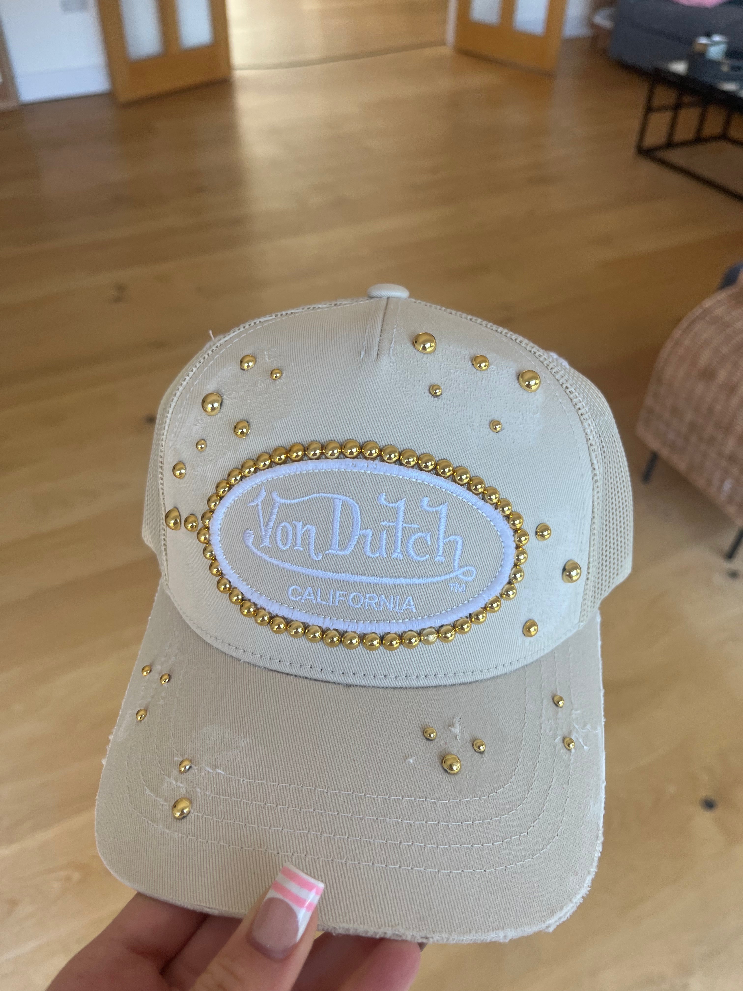 Reworked Beige Von dutch distressed Gold pearled cap Copy)