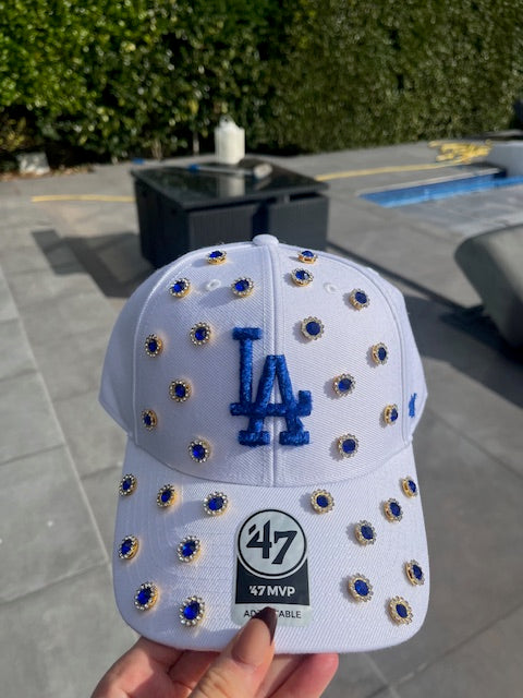 White blue diamond studded LA cap