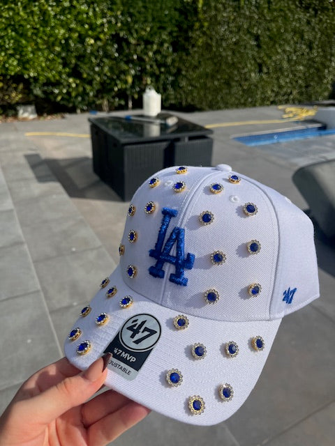 White blue diamond studded LA cap