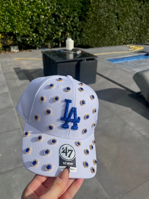 White blue diamond studded LA cap