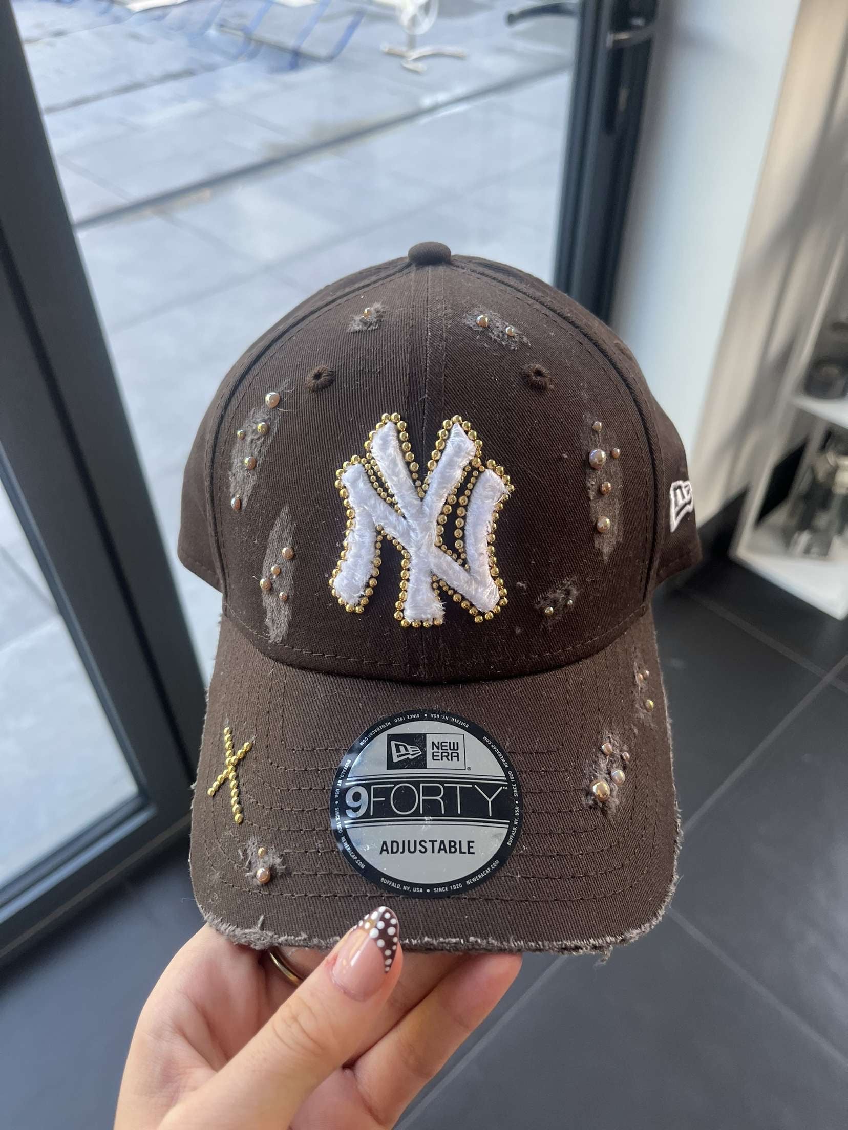 Brown distressed & pearled New York Yankees Cap