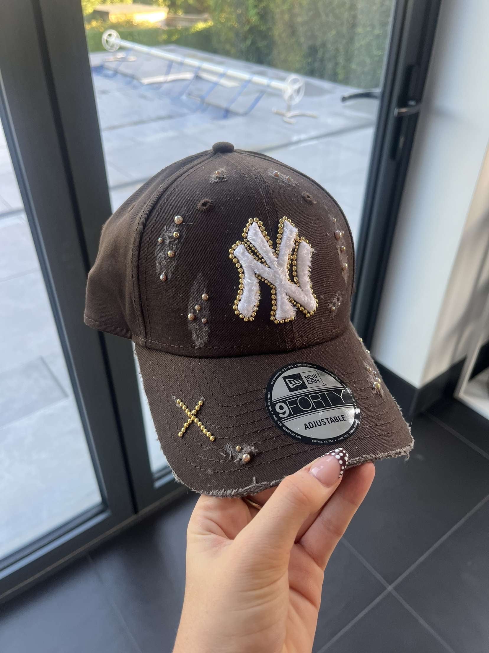 Brown distressed & pearled New York Yankees Cap