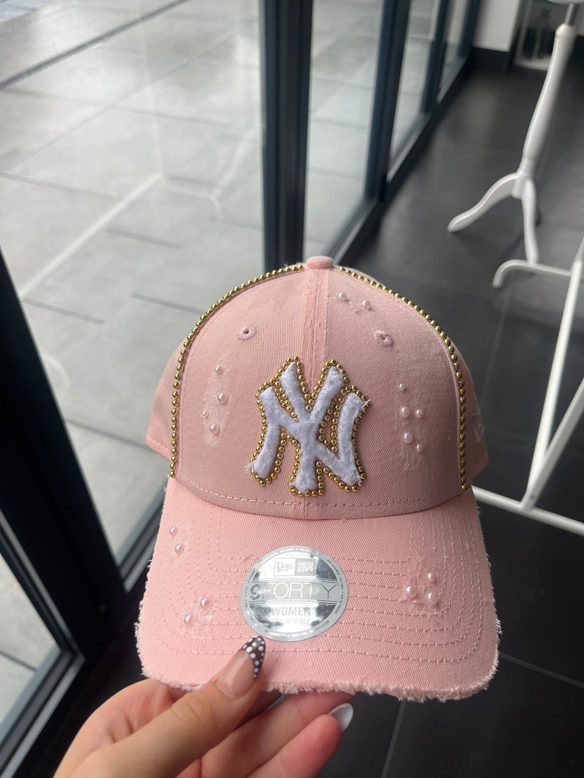 Pink distressed & pearled New York Yankees Cap