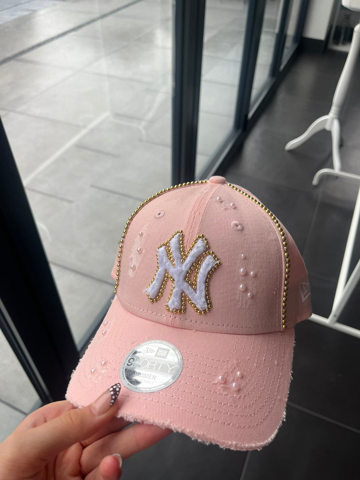 Pink distressed & pearled New York Yankees Cap