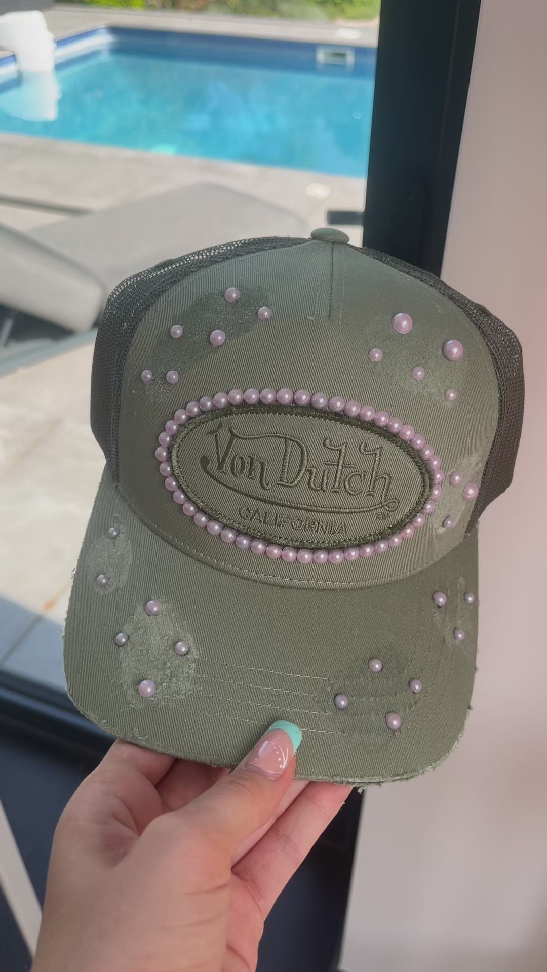Reworked Khaki Von dutch distressed & pink pearled cap