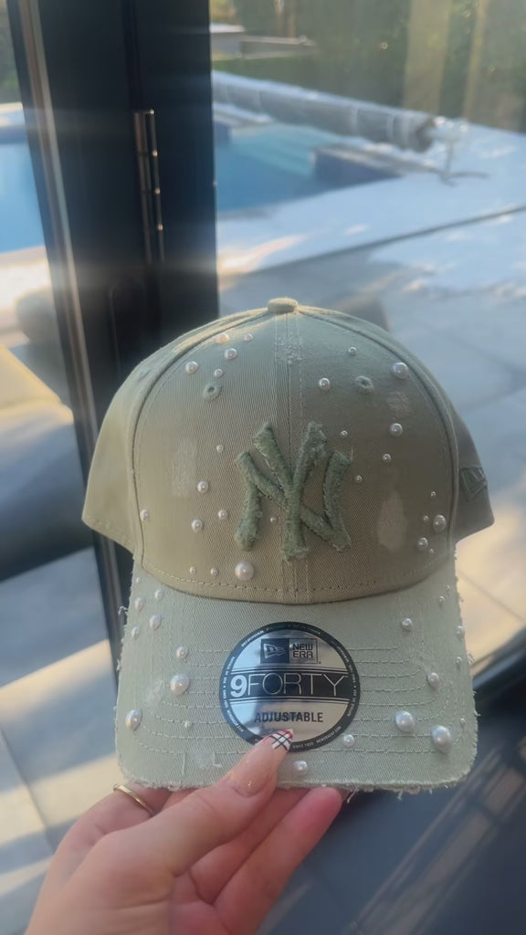 Reworked Khaki pearled NY Yankees Cap