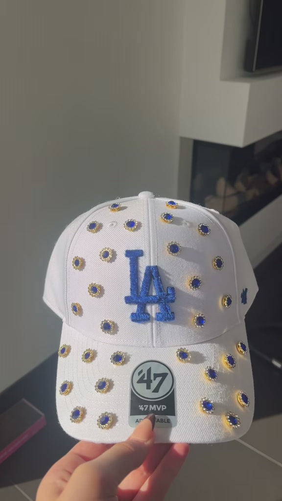 White blue diamond studded LA cap