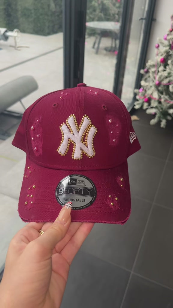 Reworked Burgundy distressed pearled NY Yankees Cap