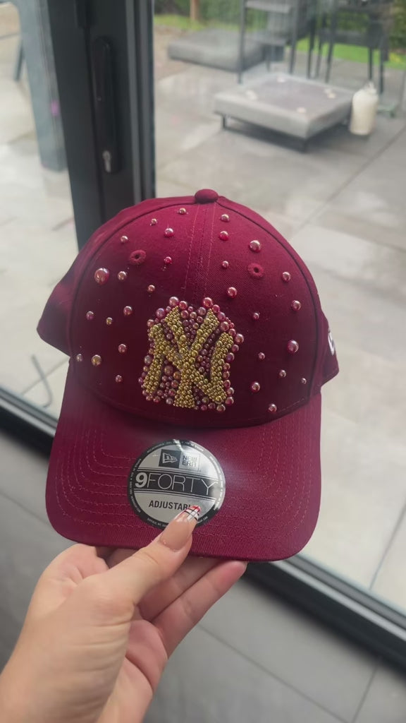 Reworked Burgundy pearled NY Yankees cap