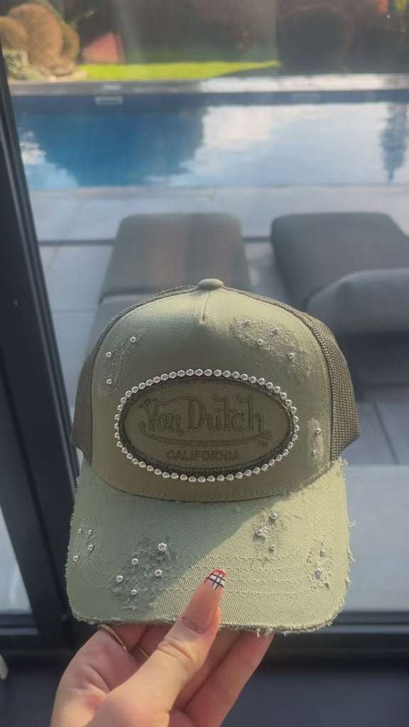 Reworked Khaki Von dutch distressed Silver  pearled cap