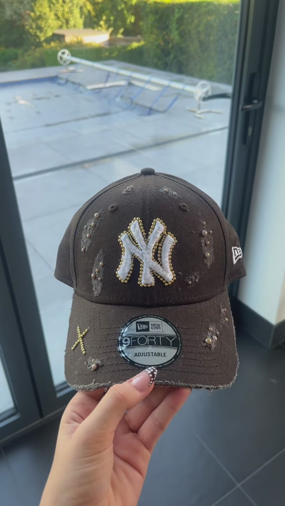 Brown distressed & pearled New York Yankees Cap